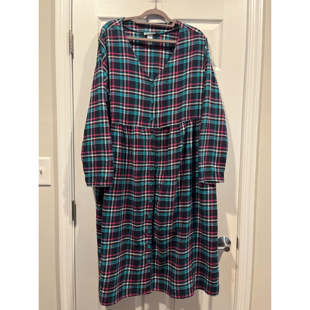 CW Classics Plaid Flannel Button Front Dress Womens 2X Teal Pink Cotton Midi